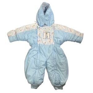 Vtg 90s Alpine Way Baby Blue Snowman Snowsuit One Piece Bunting Hooded 12 Months